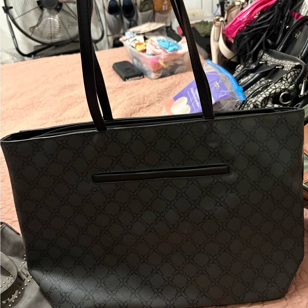 Nine West Black Monogram Tote with Front Zip Pocket - Picture 2 of 5